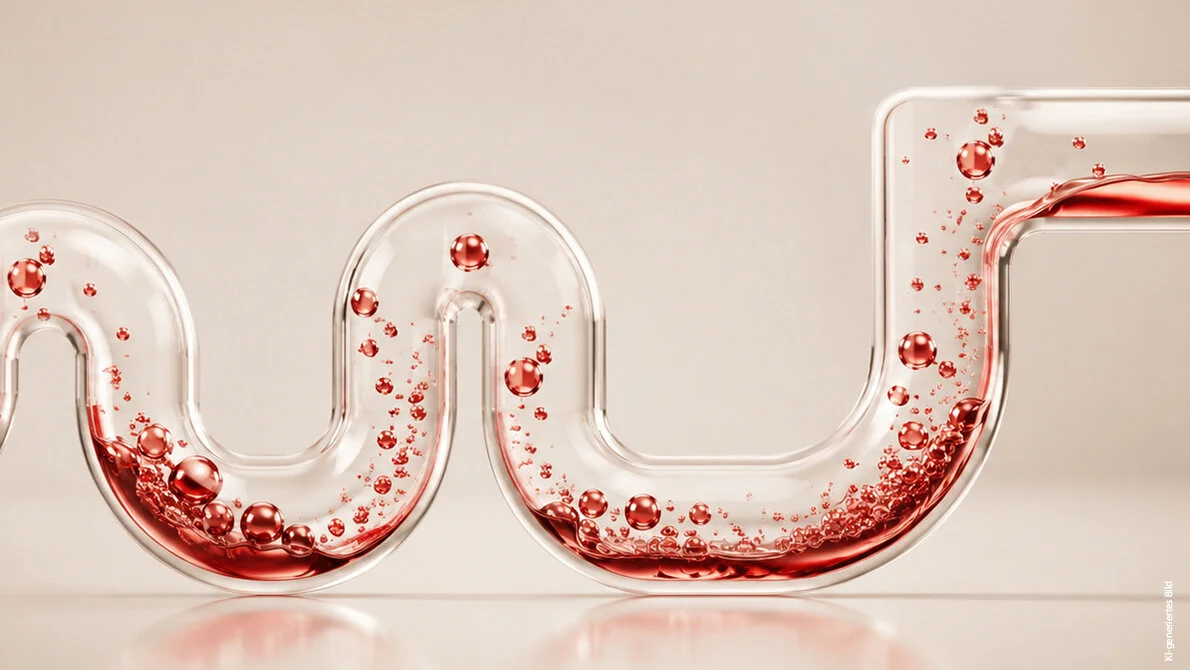 Abflussrohr aus Glas mit roter Flüssigkeit